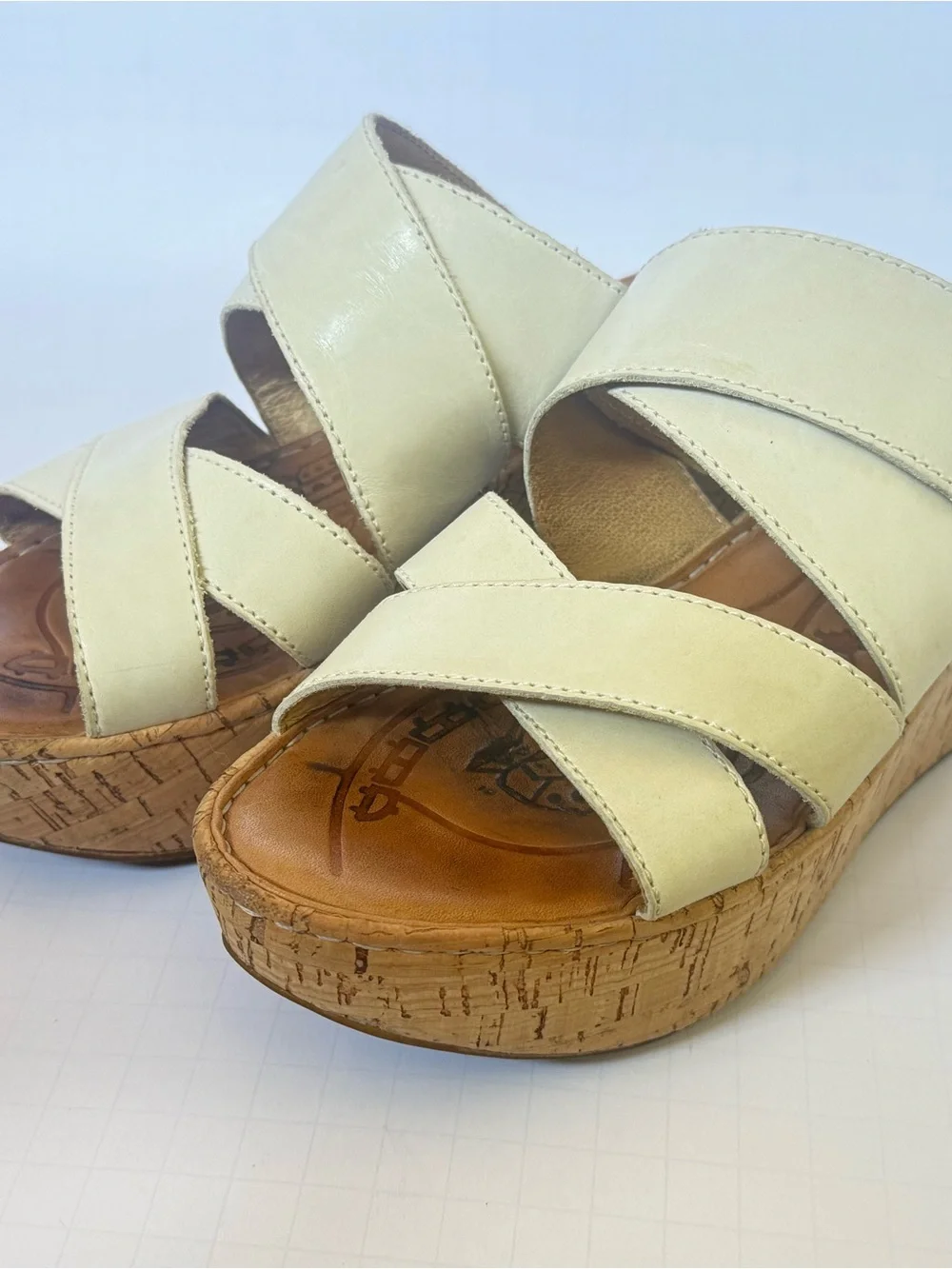 Born Cream Leather Cork Wedge Slide Sandals